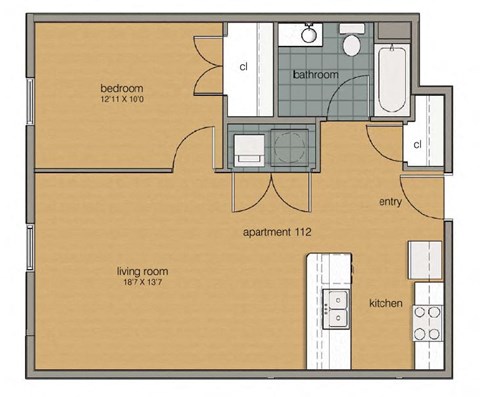 Floor plan for 1 bed, 1 bath, 728 sqft